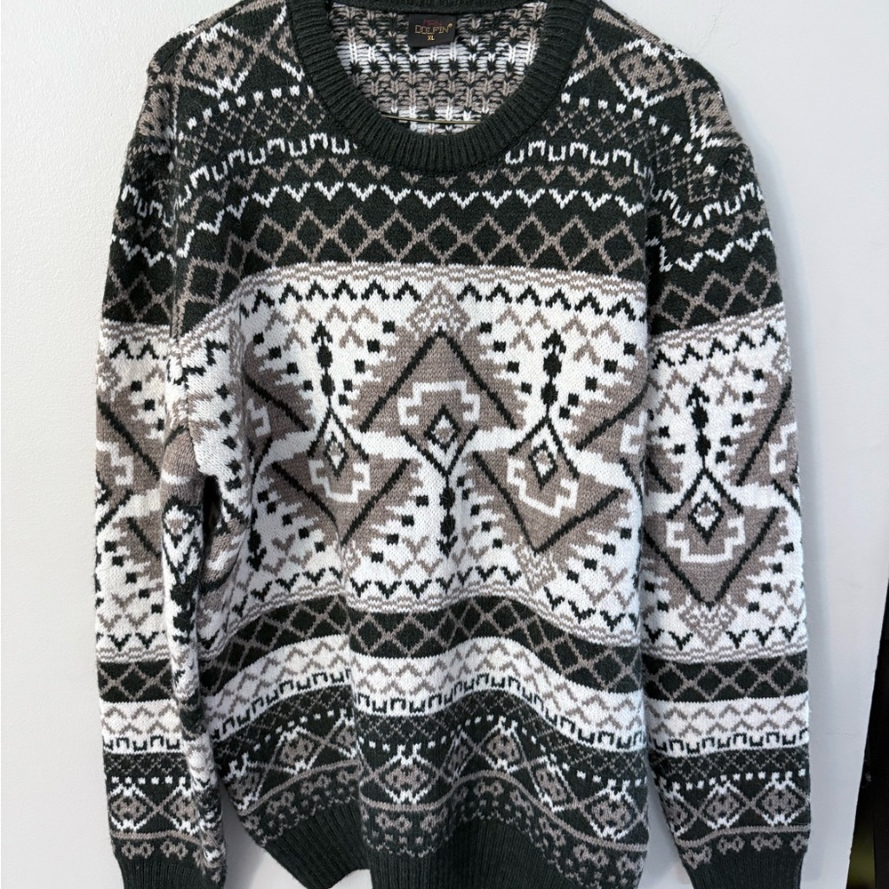 Dolfin Men's Gray Black and White Patterned Crewneck Sweater Wool Blend